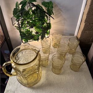 SET 8 Yellow Amber Depression FEDERAL GLASS Patrician  PITCHER&7 4.25” TUMBLERS
